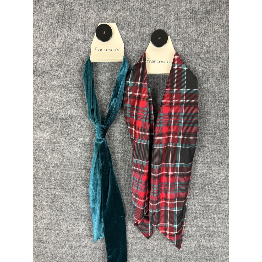 2 Francesca's Headband Scarf Neck Tie Green Velvet & Red Plaid Satin NWT Holiday